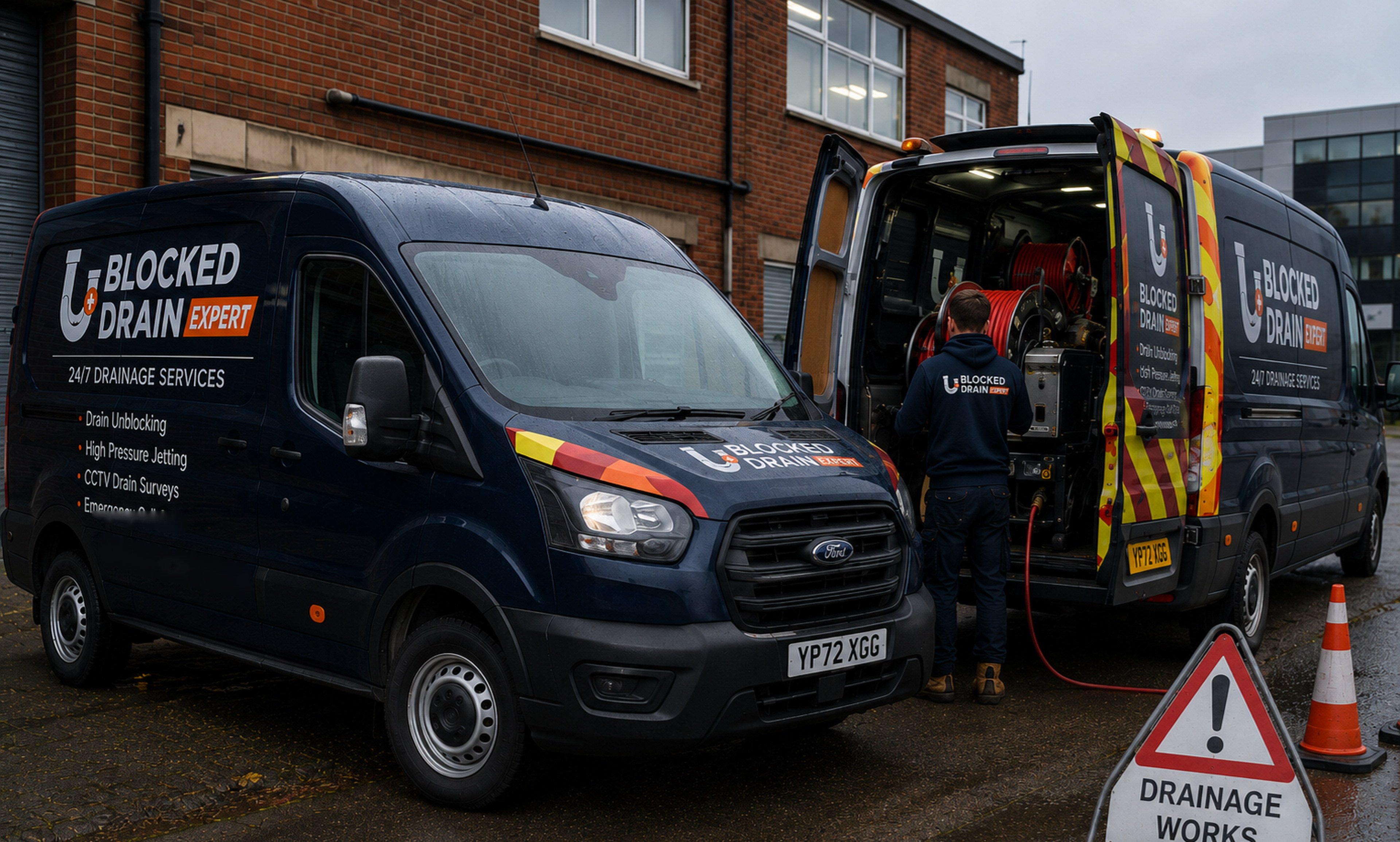 Blocked Drain Expert engineer carrying out drainage work beside a branded service van