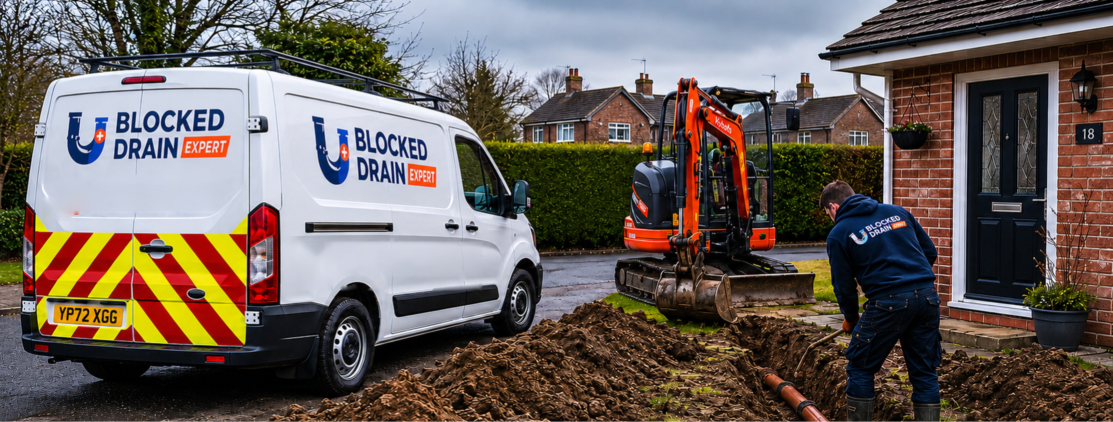 Blocked Drain Expert engineer carrying out drainage work beside a branded service van
